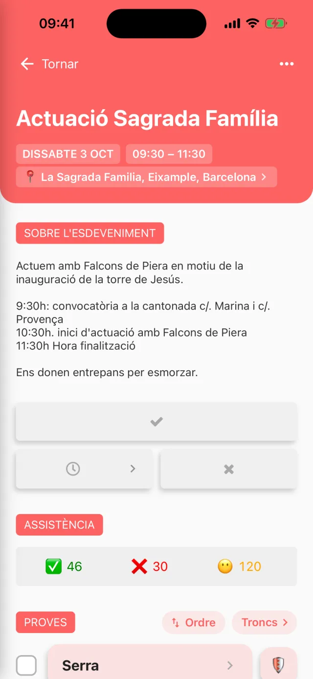 Detall d'una actuació d'una colla de falcons a l'app d'Aleta, amb l'horari de la convocatòria, els botons de resposta i el recompte d'assistència