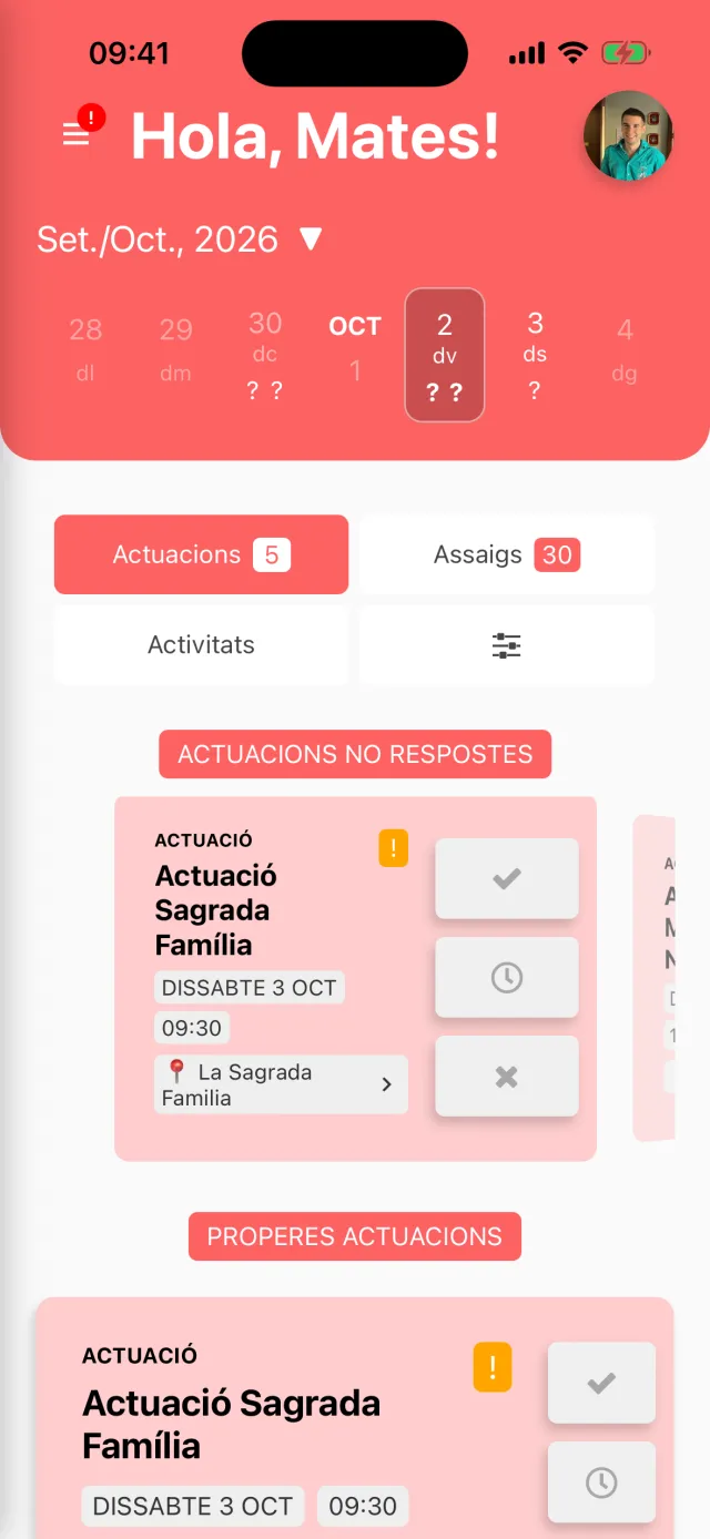 Pantalla d'inici de l'app d'Aleta d'una colla de falcons, amb les actuacions pendents de resposta i els botons per confirmar, indicar l'hora d'arribada o dir que no s'hi va