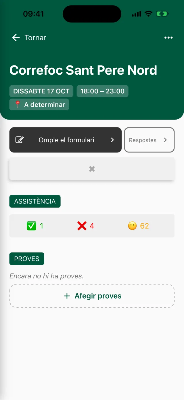 Detall d'un correfoc a l'app d'Aleta, amb el botó per omplir el formulari de la sortida i el recompte d'assistència