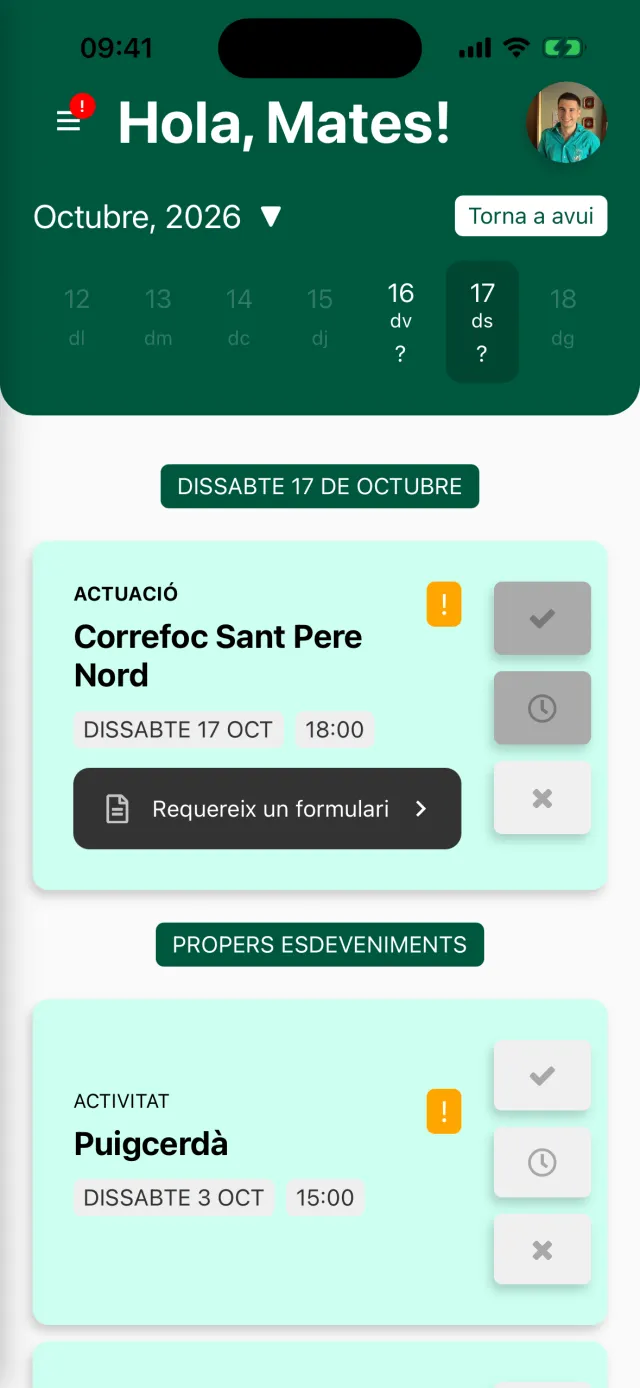 Pantalla d'inici de l'app d'Aleta d'una colla de foc, amb un correfoc que demana omplir un formulari i les pròximes activitats