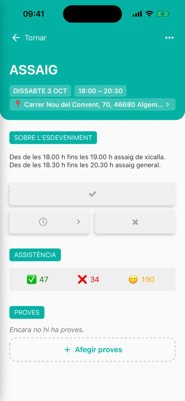 Detall d'un assaig d'una muixeranga a l'app d'Aleta, amb els horaris, els botons de resposta i el recompte d'assistència