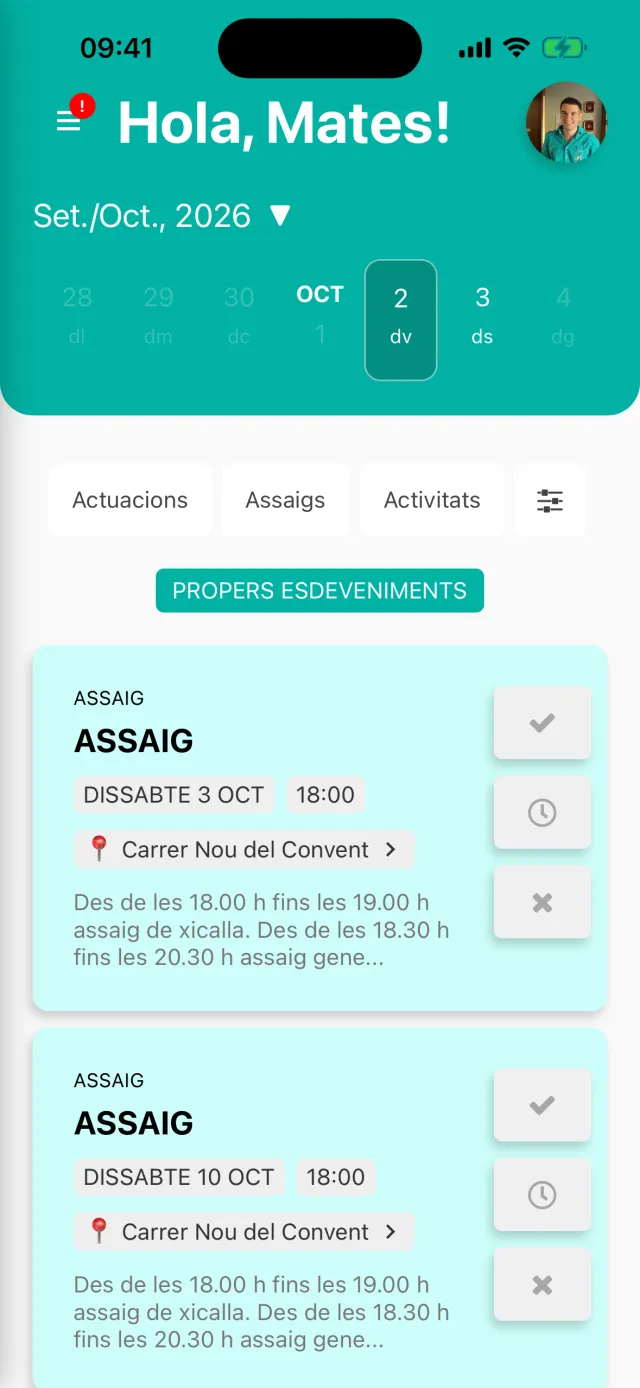 Pantalla d'inici de l'app d'Aleta d'una muixeranga, amb els pròxims assajos, l'horari de la xicalla i de l'assaig general i els botons per confirmar