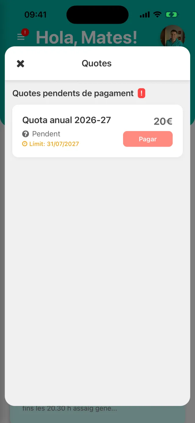 Quota anual pendent de pagament a l'app d'Aleta d'una muixeranga, amb l'import, la data límit i el botó per pagar