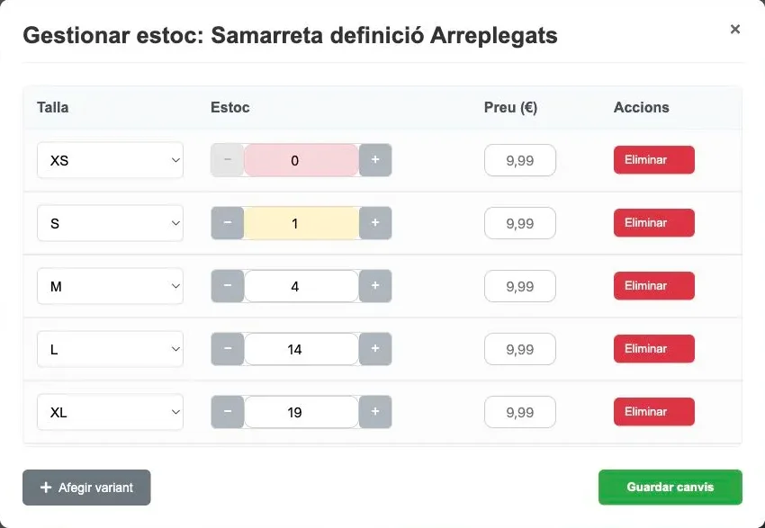 Gestió de l’estoc d’una samarreta a la botiga d’Aleta, amb les talles de la XS a la XL, les unitats i el preu