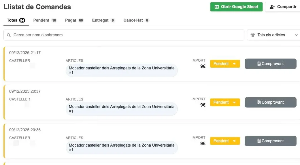Llistat de comandes de la botiga d’Aleta amb filtres per estat, l’import i el comprovant de cada comanda, amb els noms pixelats