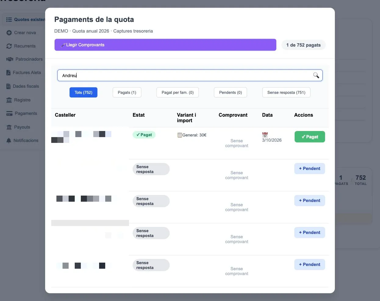 Pagaments d’una quota a la web d’Aleta, amb filtres per pagats, pendents i sense resposta i els noms pixelats